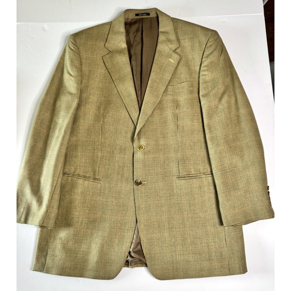 Lauren Ralph Lauren Beige Gold Check Wool Silk Two Button Blazer Jacket Mens 42L